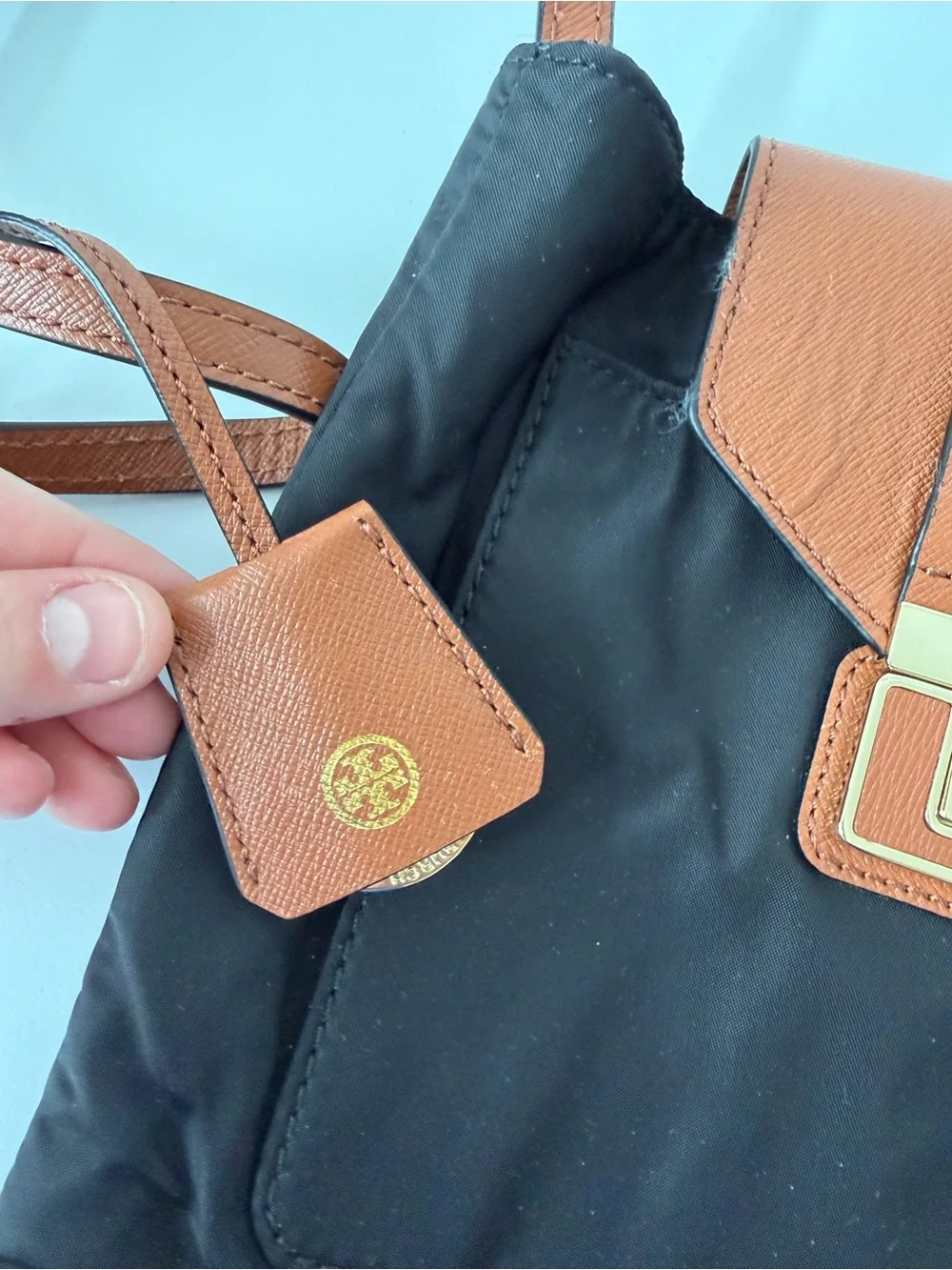 Tory Burch Black Nylon Crossbody with Brown Leather Trim